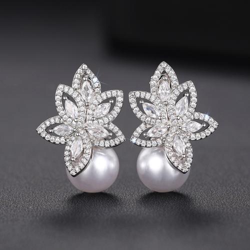Cubic Zirconia Micro Pave Brass Earring, with Plastic Pearl, plated, micro pave cubic zirconia & for woman & hollow, Sold By Pair