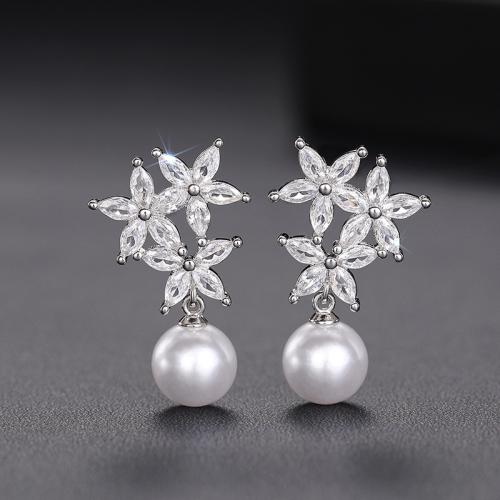 Cubic Zirconia Micro Pave Brass Earring, with Plastic Pearl, plated, micro pave cubic zirconia & for woman & hollow, Sold By Pair