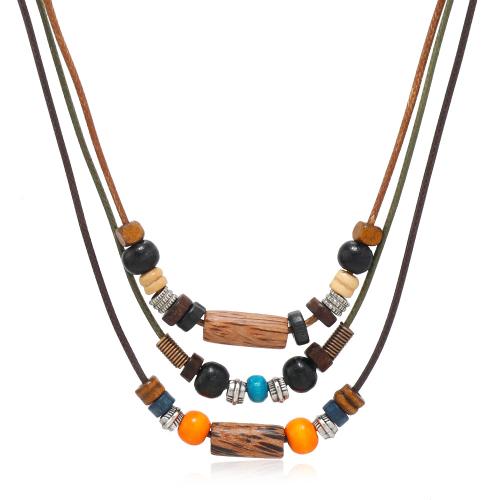 Multi Layer Necklace, Wood, with PU Leather & Wax Cord, handmade, three layers & fashion jewelry & Unisex, Sold By PC