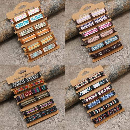 PU Leather Cord Bracelets, with Wax Cord & Polyester Cord, handmade, 5 pieces & Unisex & different designs for choice, multi-colored, Sold By Set