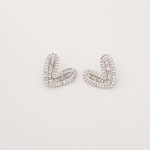 Boucles d'oreilles en laiton zircon cubique pavent, coeur, Placage, bijoux de mode & pavé de micro zircon & pour femme & creux, argent, Vendu par paire
