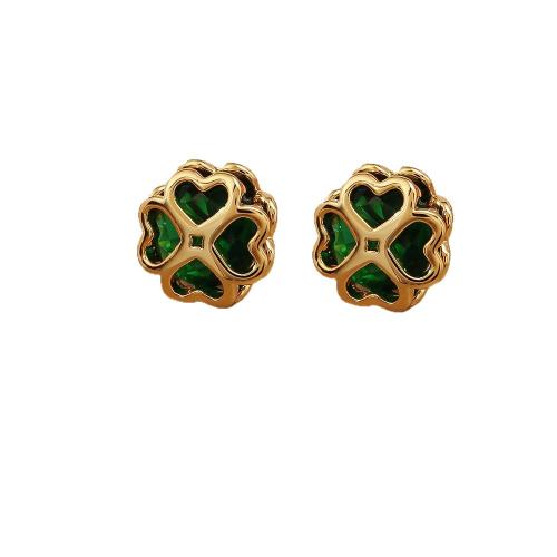 Cubic Zirconia Micro Pave Brass Earring, Four Leaf Clover, plated, fashion jewelry & micro pave cubic zirconia & for woman, more colors for choice, Sold By Pair