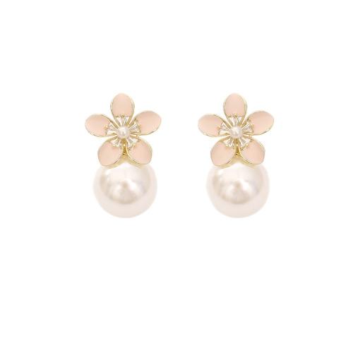 Brass Stud Earring, with Plastic Pearl, Flower, real gold plated, fashion jewelry & for woman & enamel, more colors for choice, Sold By Pair