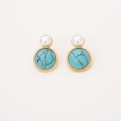 Pendientes de Gota en Latón, metal, con Turquesa sintético & Perlas plásticas, chapado en oro real, Joyería & para mujer, Vendido por Par