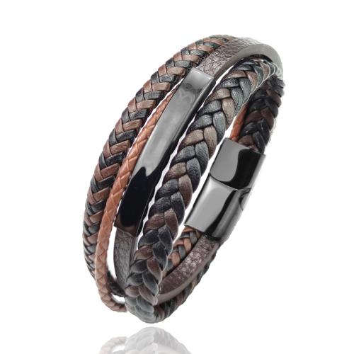 304 Stainless Steel Bracelet, with PU Leather & Cowhide, plated, multilayer & for man, brown, Length:Approx 8.5 Inch, Sold By PC