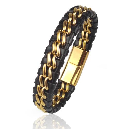 304 Stainless Steel Bracelet, with PU Leather, plated, punk style & for man, more colors for choice, Length:Approx 8 Inch, Sold By PC
