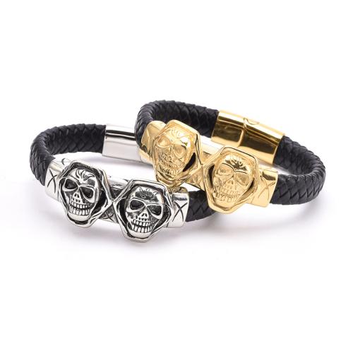 304 Stainless Steel Bracelet, with Titanium Steel & PU Leather, Skull, plated, punk style & Unisex, more colors for choice, Length:Approx 8.5 Inch, Sold By PC