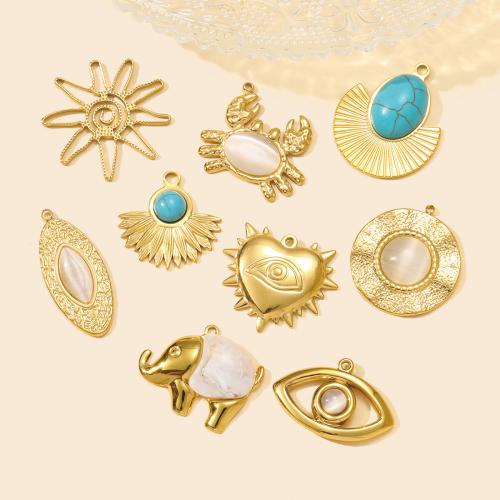 Stainless Steel Pendants, 304 Stainless Steel, with Natural Stone & Cats Eye & Resin, gold color plated, DIY, golden, 3PCs/Bag, Sold By Bag
