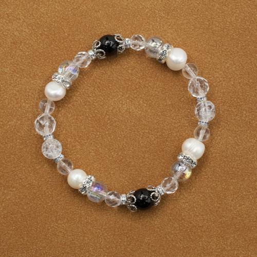 Gemstone Bracelets, Clear Quartz, with Schorl & Plastic Pearl & Iron, fashion jewelry & with rhinestone, mixed colors, 8mm, Length:Approx 19 cm, Sold By PC