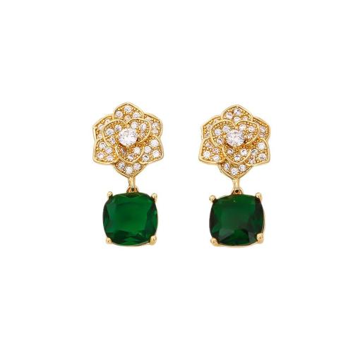 Brass Drop Earring, with Cubic Zirconia, Flower, real gold plated, fashion jewelry & for woman & with rhinestone, Sold By Pair
