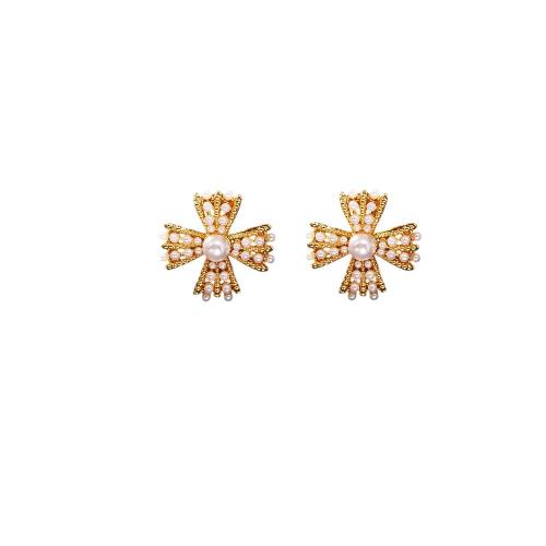 Freshwater Pearl Earrings, Brass, with Seedbead & Freshwater Pearl, Four Leaf Clover, plated, fashion jewelry & for woman & hollow, more colors for choice, Sold By Pair