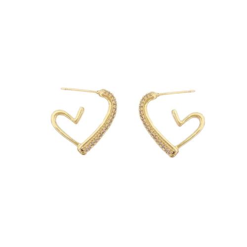 Cúbicos Circonia Pendiente Latón Micro pavimenta, metal, Corazón, chapado en oro real, Joyería & micro arcilla de zirconia cúbica & para mujer, Vendido por Par