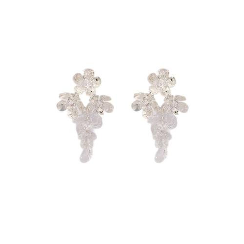 Cubic Zirconia Micro Pave Brass Earring, Flower, plated, fashion jewelry & micro pave cubic zirconia & for woman, silver color, Sold By Pair