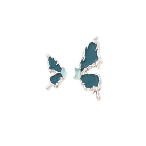 Asymmetric Earrings, Brass, with Cubic Zirconia, Butterfly, plated, fashion jewelry & for woman & enamel, blue, Sold By Pair