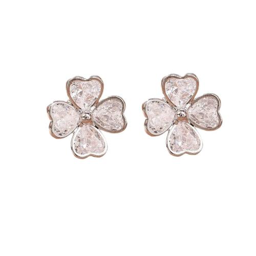 Cubic Zirconia Micro Pave Brass Earring, with Cubic Zirconia, Four Leaf Clover, plated, fashion jewelry & for woman, silver color, Sold By Pair