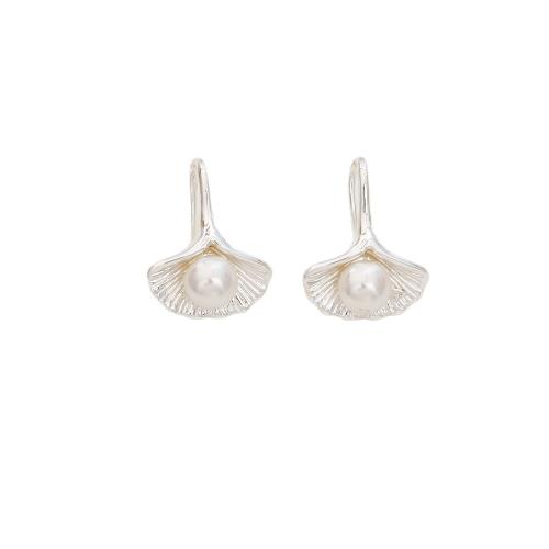 Freshwater Pearl Earrings, Brass, with Freshwater Pearl, Ginkgo Leaf, plated, fashion jewelry & for woman, silver color, Sold By Pair
