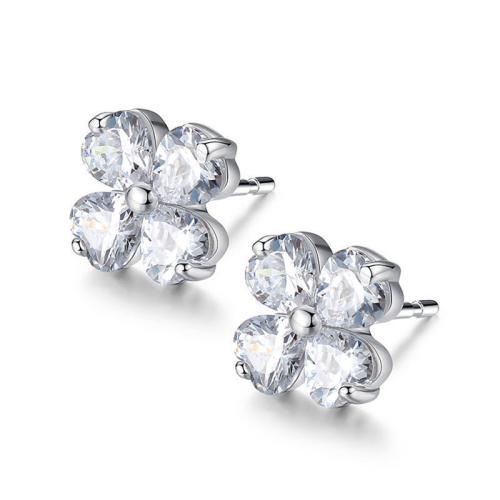 925 Sterling Silver Stud Earring, Four Leaf Clover, for woman & with rhinestone, 8x8mm, Sold By Pair