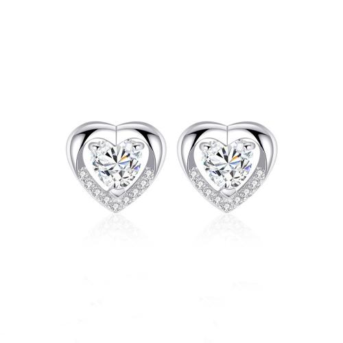 925 Sterling Silver Stud Earring, Heart, for woman & with rhinestone, more colors for choice, 10mm, Sold By Pair