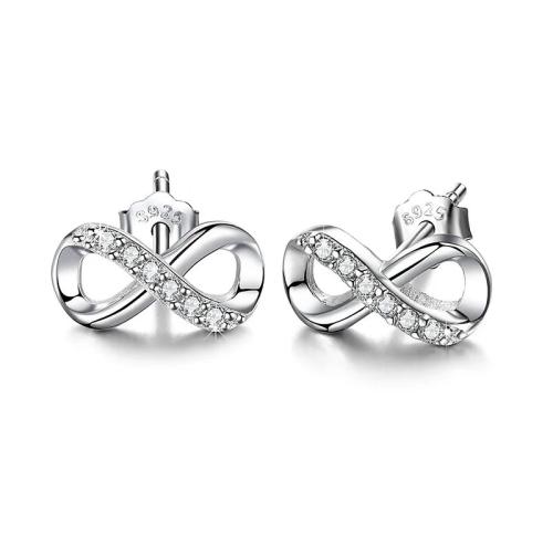 925 Sterling Silver Stud Earring, Infinity, for woman & with rhinestone, more colors for choice, 10x5mm, Sold By Pair