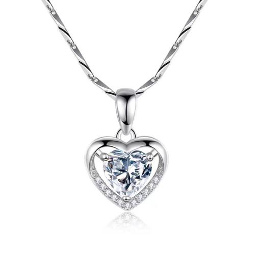 925 Sterling Silver Necklace, Heart, different styles for choice & for woman & with rhinestone, Length:Approx 16 Inch, Sold By PC