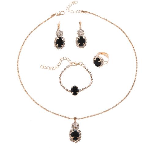 Tibetan Style Jewelry Set, finger ring & bracelet & earring & necklace, gold color plated, 4 pieces & different styles for choice & for woman & with rhinestone, necklace length 17inch, bracelet length 7inch, US Ring Size:6-8, Sold By Set