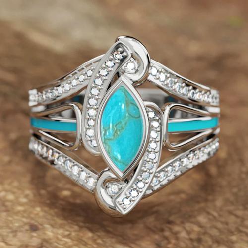Cubic Zirconia Micro Pave Brass Ring, with Turquoise, plated, different size for choice & micro pave cubic zirconia & for woman & enamel & hollow, Sold By PC