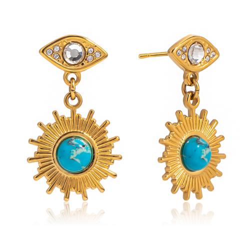 Stainless Steel Drop Earring, 304 Stainless Steel, with turquoise, plated, fashion jewelry & for woman & with rhinestone, golden, Sold By Pair