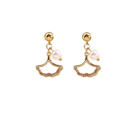 Cubic Zirconia Micro Pave Brass Earring, with Pearl Oyster & Plastic Pearl, Ginkgo Leaf, real gold plated, fashion jewelry & micro pave cubic zirconia & for woman, Sold By Pair