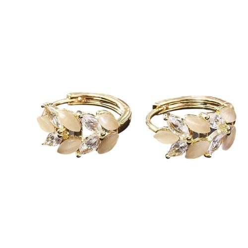 Cubic Zirconia Micro Pave Brass Earring, with Cubic Zirconia & Cats Eye, Wheat, real gold plated, fashion jewelry & for woman, Sold By Pair