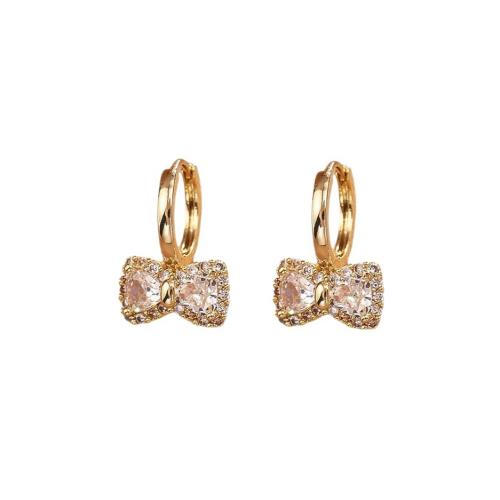 Cubic Zirconia Micro Pave Brass Earring, Bowknot, real gold plated, fashion jewelry & micro pave cubic zirconia & for woman, Sold By Pair
