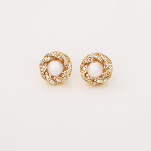 Freshwater Pearl Earrings, Brass, with Freshwater Pearl, real gold plated, fashion jewelry & micro pave cubic zirconia & for woman, Sold By Pair