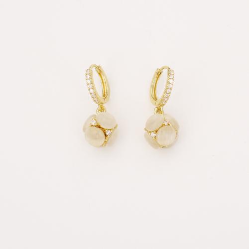 Cubic Zirconia Micro Pave Brass Earring, with Cats Eye, real gold plated, fashion jewelry & micro pave cubic zirconia & for woman, Sold By Pair