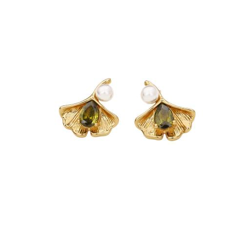 Cubic Zirconia Micro Pave Brass Earring, with Cubic Zirconia & Plastic Pearl, Ginkgo Leaf, real gold plated, fashion jewelry & for woman, Sold By Pair