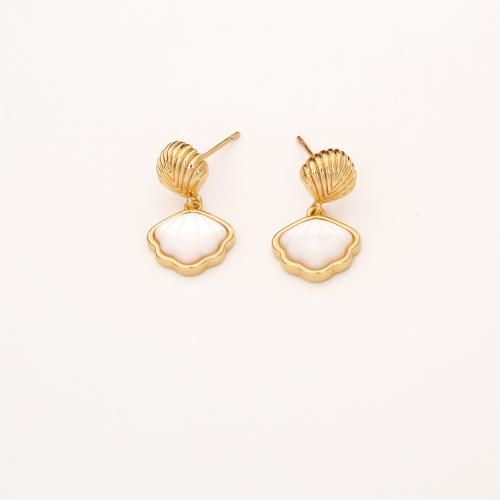 Brass Drop Earring, with Pearl Oyster, Ginkgo Leaf, real gold plated, fashion jewelry & for woman, Sold By Pair