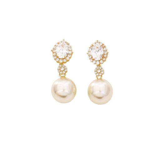 Cubic Zirconia Micro Pave Brass Earring, with Plastic Pearl, plated, fashion jewelry & micro pave cubic zirconia & for woman, more colors for choice, Sold By Pair