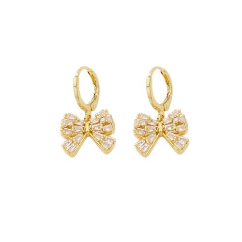 Cubic Zirconia Micro Pave Brass Earring, with Cubic Zirconia, Bowknot, real gold plated, fashion jewelry & for woman, Sold By Pair