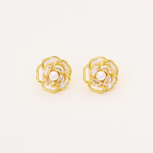 Cubic Zirconia Micro Pave Brass Earring, with Pearl Oyster & Cubic Zirconia & Plastic Pearl, Flower, real gold plated, fashion jewelry & for woman, Sold By Pair