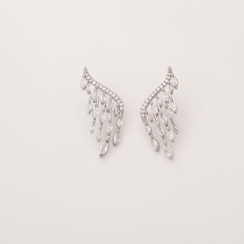 Cubic Zirconia Micro Pave Brass Earring, with Cubic Zirconia, Angel Wing, plated, fashion jewelry & for woman, silver color, Sold By Pair