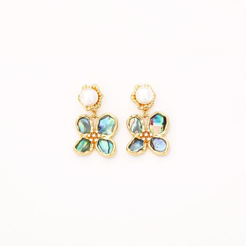 Cubic Zirconia Micro Pave Brass Earring, with Pearl Oyster & Freshwater Pearl, Butterfly, real gold plated, fashion jewelry & micro pave cubic zirconia & for woman, Sold By Pair