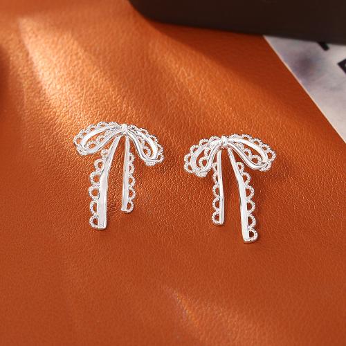 Brass Stud Earring, Bowknot, plated, fashion jewelry & for woman & hollow, silver color, Sold By Pair