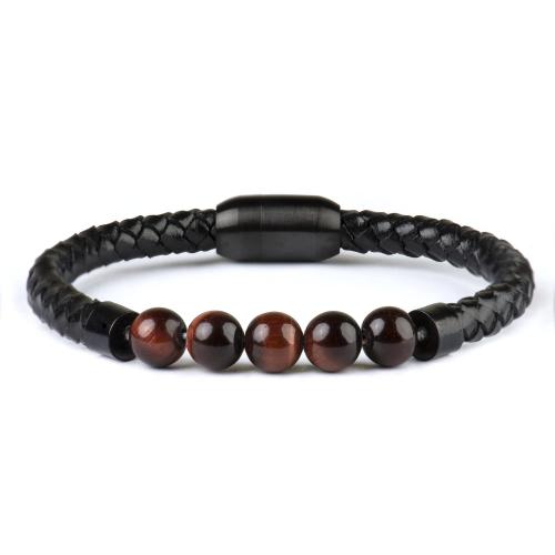 PU Leather Bracelet, with Gemstone & 304 Stainless Steel, handmade, different materials for choice & for man, beads size 8mm, Length:Approx 8.5 Inch, Sold By PC