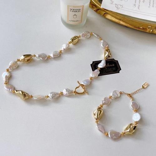 Natural Cultured Freshwater Pearl Jewelry Sets, bracelet & necklace, with Tibetan Style, Baroque, gold color plated, fashion jewelry, more colors for choice, 20x30x50mm, Sold By PC