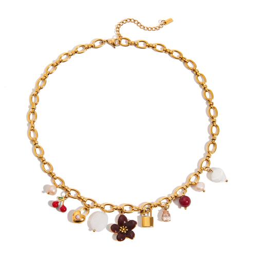 Stainless Steel Jewelry Necklace, 304 Stainless Steel, with Resin & Plastic Pearl, plated, fashion jewelry & different styles for choice & for woman, golden, Sold By PC