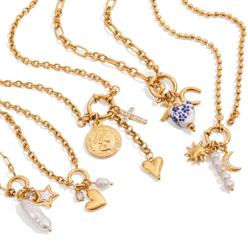 Edelstahl Schmuck Halskette, 304 Edelstahl, mit Natürliche kultivierte Süßwasserperlen, plattiert, verschiedene Stile für Wahl & für Frau & mit Strass, goldfarben, verkauft von PC