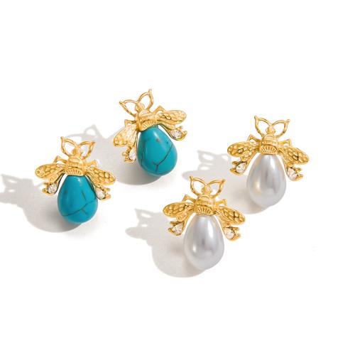 Stainless Steel Stud Earrings, 304 Stainless Steel, with turquoise & Plastic Pearl, plated, different materials for choice & micro pave cubic zirconia & for woman, golden, Sold By Pair