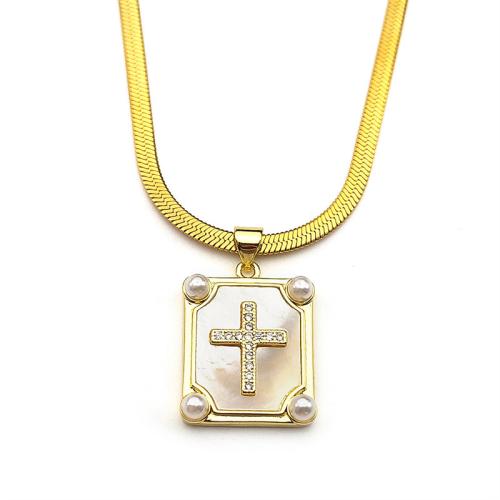 Brass Necklace, with 304 Stainless Steel Chain & White Shell & Plastic Pearl, gold color plated, fashion jewelry & for woman, Sold By PC