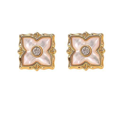 Cubic Zirconia Micro Pave Brass Earring, with Pearl Oyster, Four Leaf Clover, real gold plated, fashion jewelry & micro pave cubic zirconia & for woman, Sold By Pair
