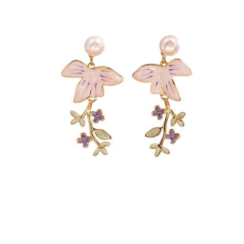 Brass Drop Earring, with Plastic Pearl, petals, real gold plated, fashion jewelry & for woman & enamel, more colors for choice, Sold By Pair