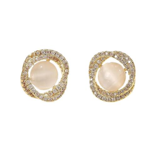 Cubic Zirconia Micro Pave Brass Earring, with Cats Eye, real gold plated, fashion jewelry & micro pave cubic zirconia & for woman, Sold By Pair