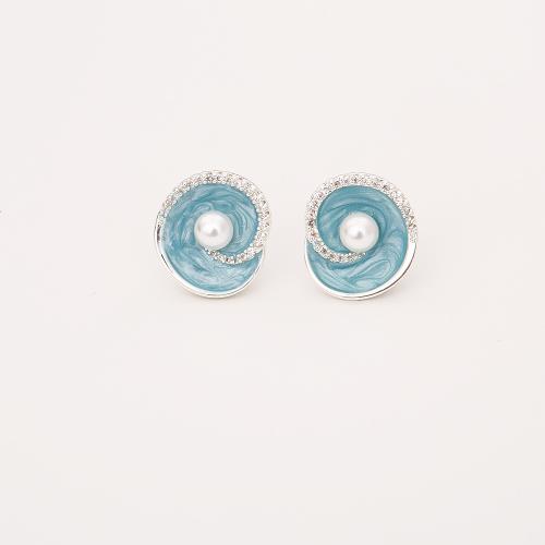 Cubic Zirconia Micro Pave Brass Earring, with Plastic Pearl, Conch, plated, fashion jewelry & micro pave cubic zirconia & for woman & enamel, more colors for choice, Sold By Pair